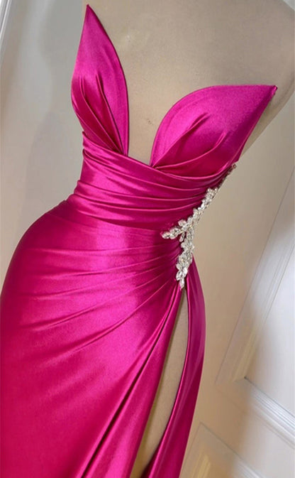 RP023-Hot Pink Mermaid Sweetheart Beads Pleated Crystals Long Satin Prom Evening Dresses Formal Party Gowns With Slit