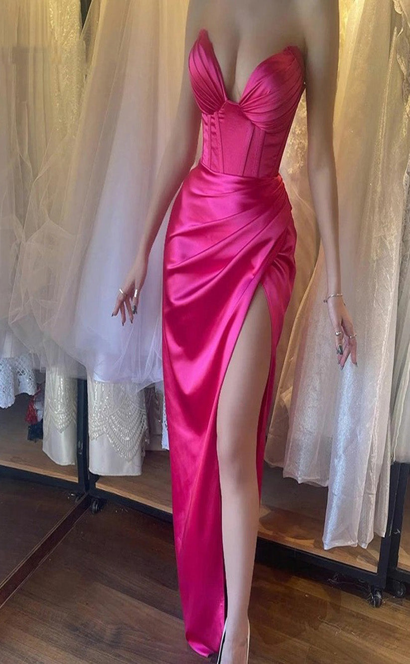 RP030-Sexy Mermaid Sweetheart Neck Pleats Satin Long Women Prom Gowns Long Formal Party Dresses With Side Slit