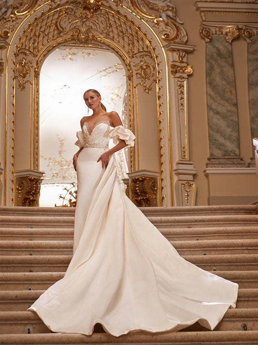 Gorgeous & Charming Mermaid Wedding Dresses Sweetheart Beads Satin Court Train Bridal Gowns With Detachable Sleeves