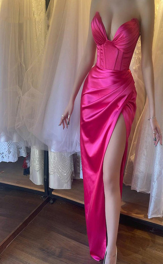 RP030-Sexy Mermaid Sweetheart Neck Pleats Satin Long Women Prom Gowns Long Formal Party Dresses With Side Slit