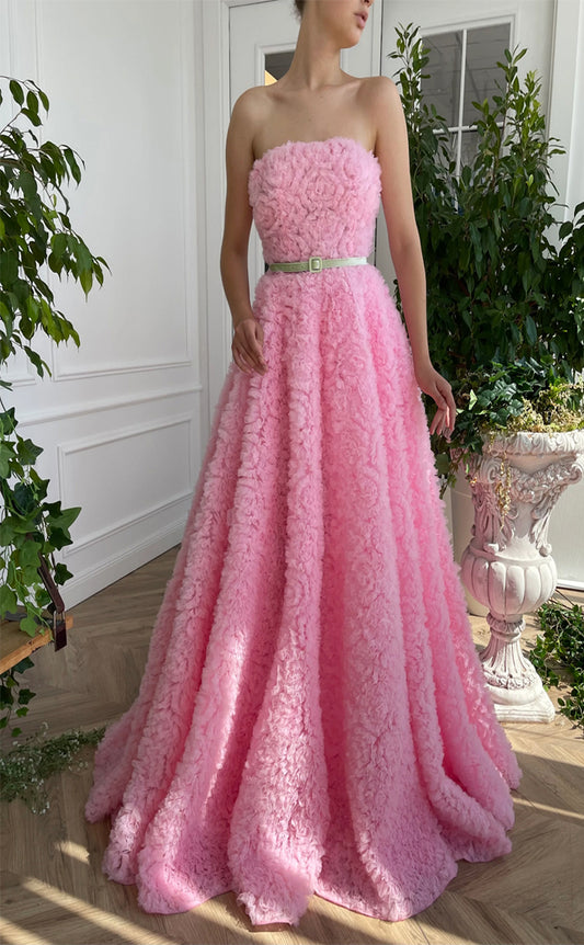 RP188-Pink A-Line Strapless Pleated Ruffles Long Prom Evening Dresses Formal Party Gowns