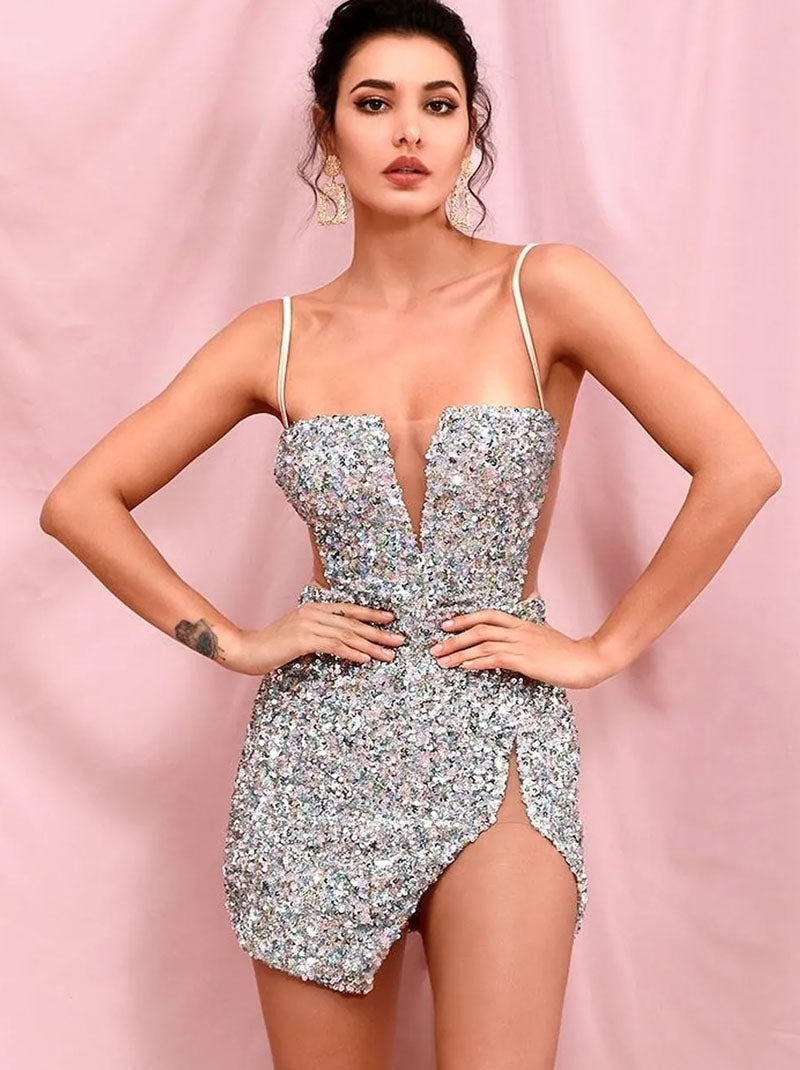 Sexy Sparkling Spaghetti Strap Tube Top Silver Cut Out Stretch Sequins Crystals Zipper Side Split Sheath Mini Homecoming Graduation Party Cocktail Dress Grande Birthday Dress Custom