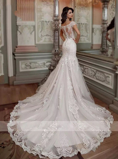 Sexy Mermaid Wedding Dresses Scoop Appliques Cap Sleeves Buttons Back Sweep Train Lace Tulle Bridal Gowns Custom Made