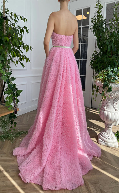 RP188-Pink A-Line Strapless Pleated Ruffles Long Prom Evening Dresses Formal Party Gowns