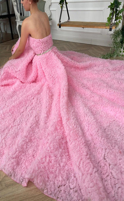 RP188-Pink A-Line Strapless Pleated Ruffles Long Prom Evening Dresses Formal Party Gowns