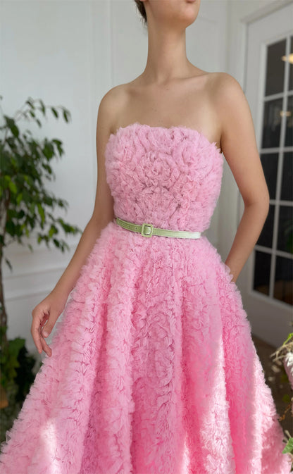 RP188-Pink A-Line Strapless Pleated Ruffles Long Prom Evening Dresses Formal Party Gowns