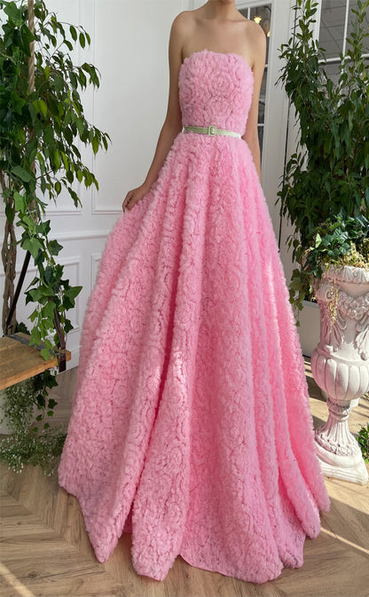 RP188-Pink A-Line Strapless Pleated Ruffles Long Prom Evening Dresses Formal Party Gowns