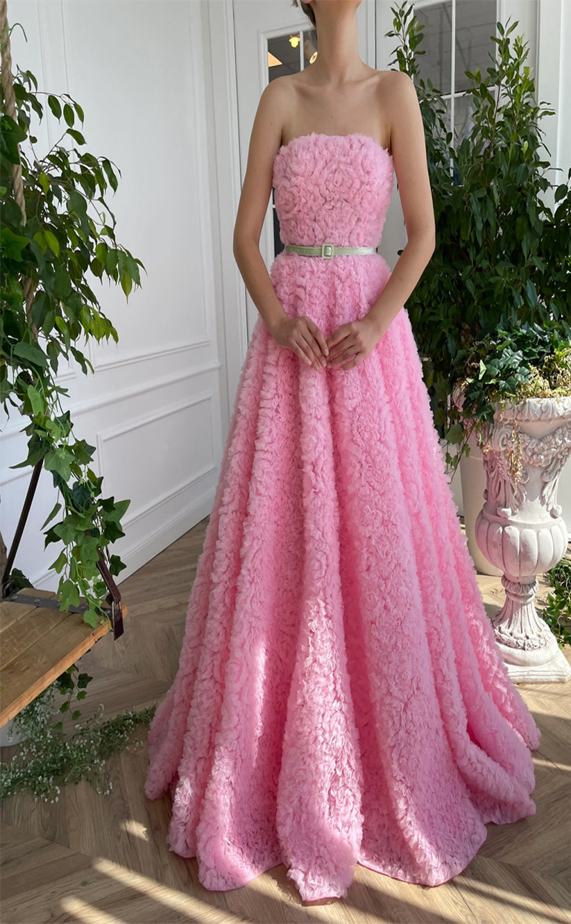 RP188-Pink A-Line Strapless Pleated Ruffles Long Prom Evening Dresses Formal Party Gowns