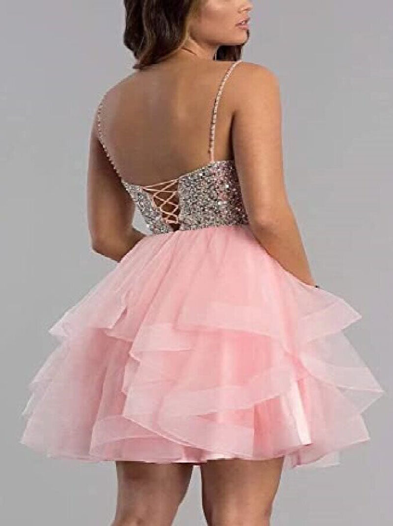 Cute Sparkling Mini A-Line Spaghetti Beaded Crystals Ruffles Backless Organza Homecoming Graduation Dresses Cocktail Party Gowns for Girls Custom