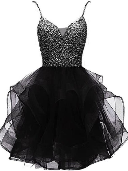 Cute Sparkling Mini A-Line Spaghetti Beaded Crystals Ruffles Backless Organza Homecoming Graduation Dresses Cocktail Party Gowns for Girls Custom