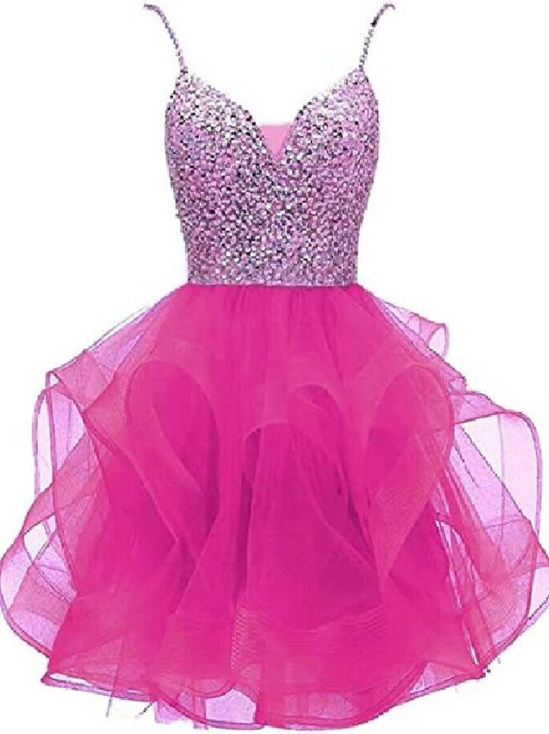 Cute Sparkling Mini A-Line Spaghetti Beaded Crystals Ruffles Backless Organza Homecoming Graduation Dresses Cocktail Party Gowns for Girls Custom