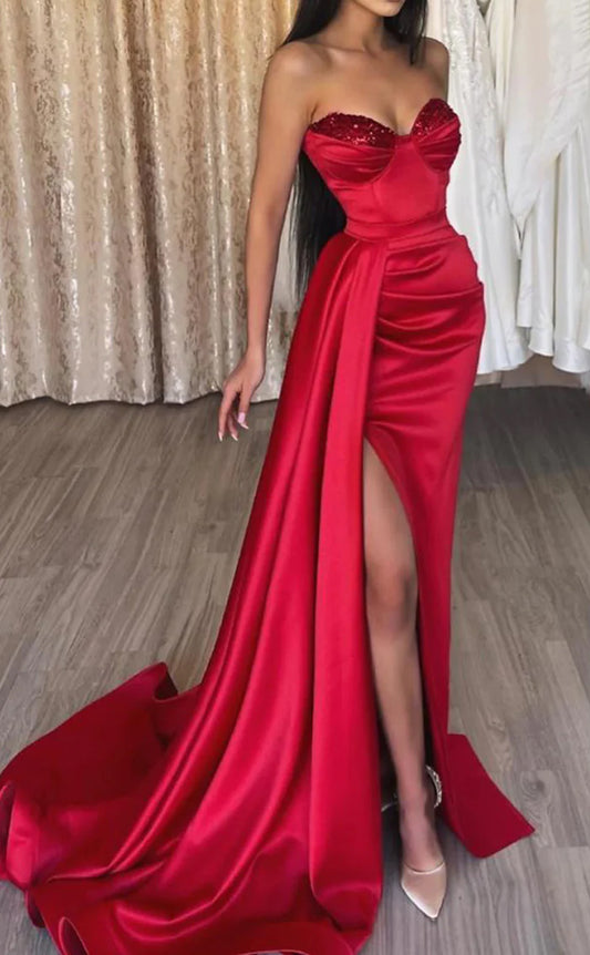 RP093-Red Sexy Mermaid Sweetheart Sleeveless Beads Pleated High Side Slit Long Satin Evening Dresses Party Prom Gowns Custom