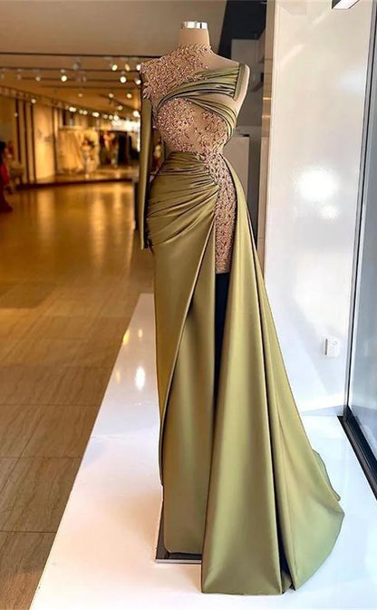 RP212-Modern Sheath/Column High Neck Beads Appliqued Long Prom Evening Dresses Formal Party Gowns With Slit