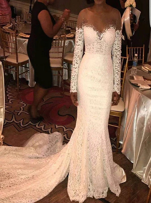 Elegant Mermaid Wedding Dresses Illusion Scoop Beads Lace Long Sleeves Covered Button Court Train Lace Bridal Gowns Custom Made