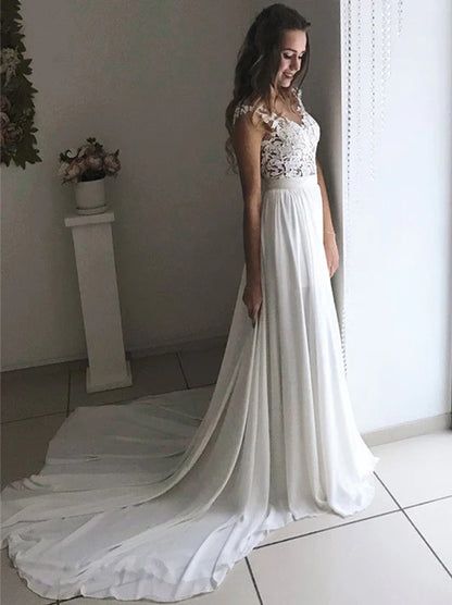 Elegant A-Line Wedding Dresses Scoop Appliqued Cap Sleeves Covered Buttons Chiffon Sweep Train Bridal Gowns Custom Made