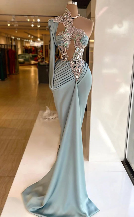 RP612-Gorgeous Mermaid High Neck Appliqued Ruched Beaded Sleeveless Long Prom Evening Dresses Formal Party Gowns