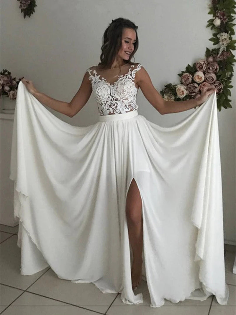 Elegant A-Line Wedding Dresses Scoop Appliqued Cap Sleeves Covered Buttons Chiffon Sweep Train Bridal Gowns Custom Made