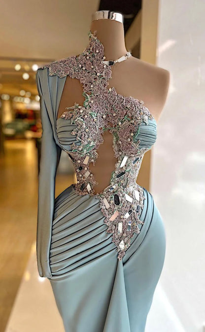 RP612-Gorgeous Mermaid High Neck Appliqued Ruched Beaded Sleeveless Long Prom Evening Dresses Formal Party Gowns