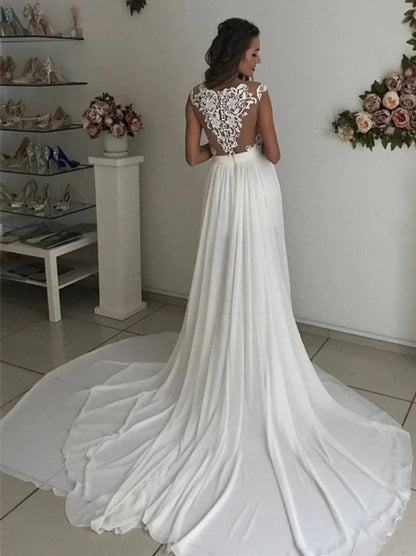 Elegant A-Line Wedding Dresses Scoop Appliqued Cap Sleeves Covered Buttons Chiffon Sweep Train Bridal Gowns Custom Made