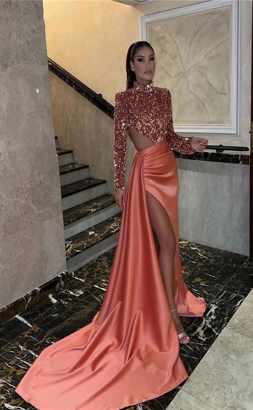 RP125-Orange Sheath High Collar Beads Long Sleeves Sweep Train Long Formal Prom Evening Dresses Party Gowns With Side Slit