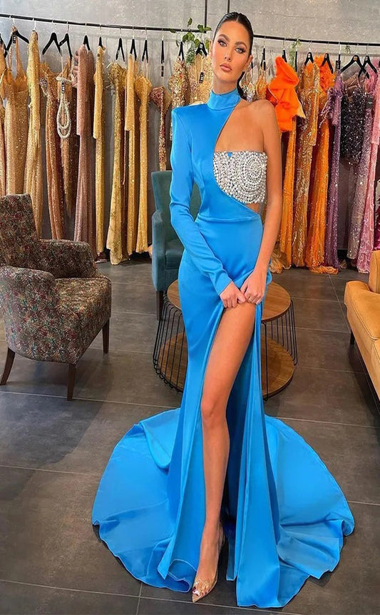 RP019-Luxury High Neck Mermaid One Long Sleeve Pearls Long Prom Dress For Women Evening Party Gowns With Side Slit