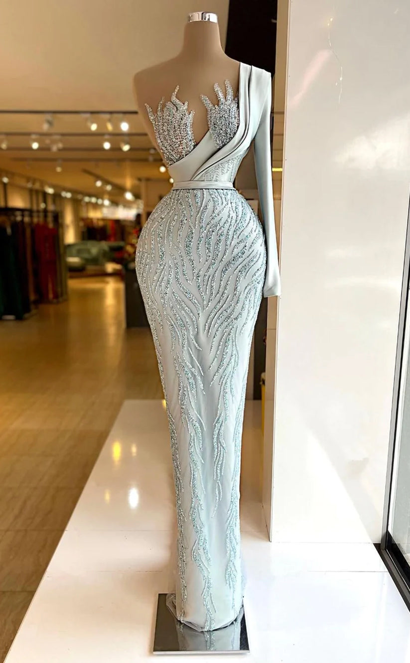 RP624-Elegant Mermaid One Shoulder Beads Sequins Ruched One Long Sleeve Long Prom Evening Dresses Formal Party Gowns