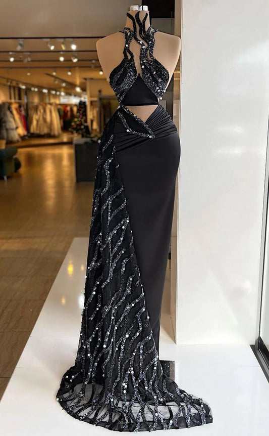 RP625-Gorgeous Black Mermaid High Neck Sequins Ruched Beaded Sleeveless Long Prom Evening Dresses Formal Party Gowns