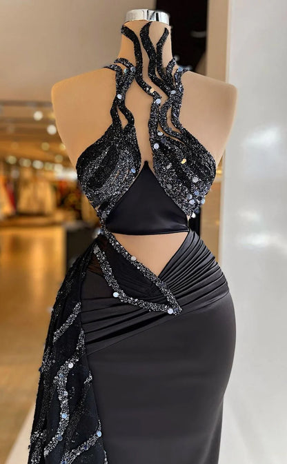 RP625-Gorgeous Black Mermaid High Neck Sequins Ruched Beaded Sleeveless Long Prom Evening Dresses Formal Party Gowns