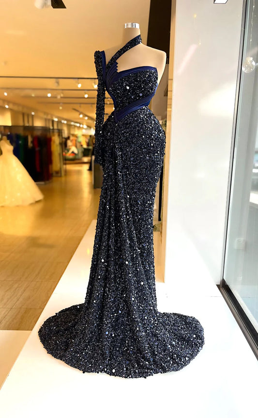 RP626-Sparkling Navy Blue Mermaid One Shoulder Beads Sequins One Sleeve Long Prom Evening Dresses Formal Party Gowns