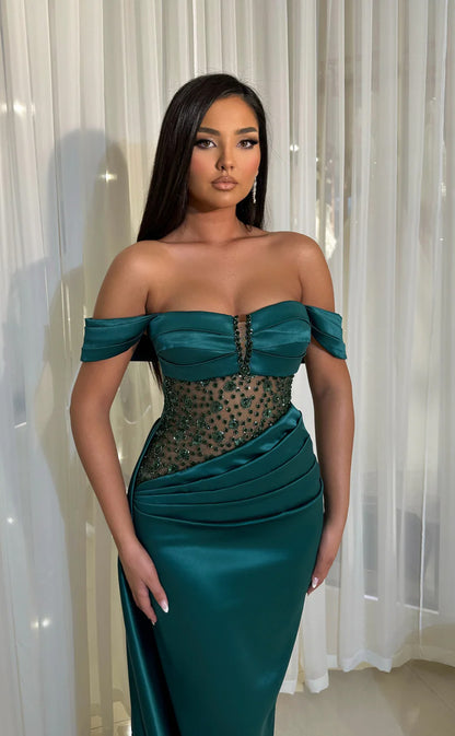 RP627-Elegant Green Mermaid Sweetheart Beads Sequins Ruched Cap Sleeves Long Prom Evening Dresses Formal Party Gowns