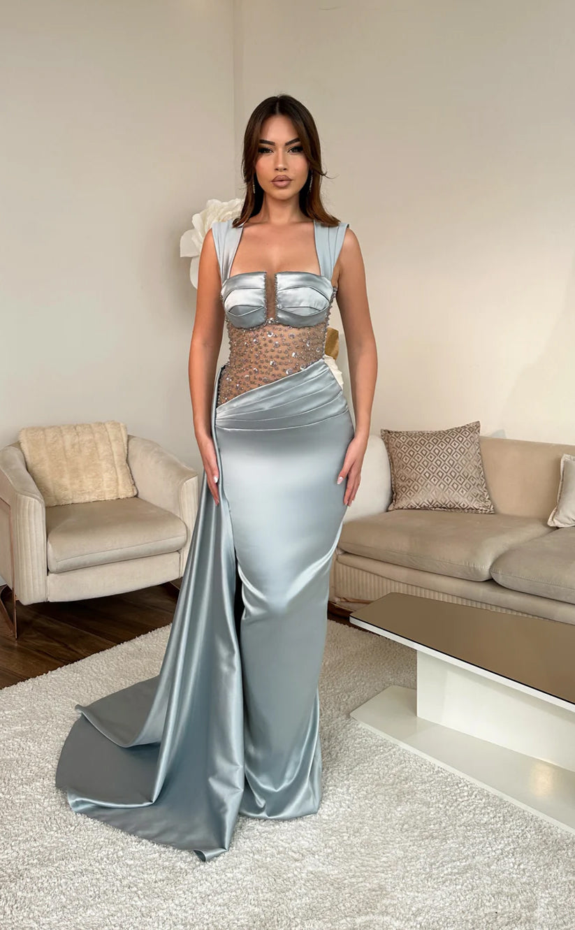 RP627-Elegant Green Mermaid Sweetheart Beads Sequins Ruched Cap Sleeves Long Prom Evening Dresses Formal Party Gowns