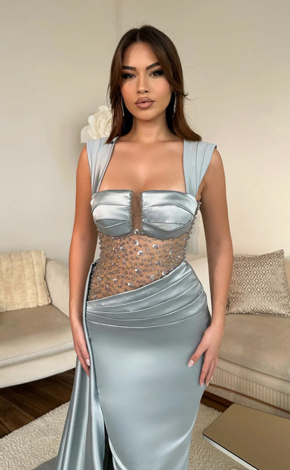 RP627-Elegant Green Mermaid Sweetheart Beads Sequins Ruched Cap Sleeves Long Prom Evening Dresses Formal Party Gowns