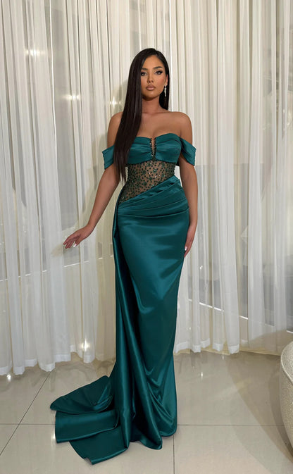 RP627-Elegant Green Mermaid Sweetheart Beads Sequins Ruched Cap Sleeves Long Prom Evening Dresses Formal Party Gowns