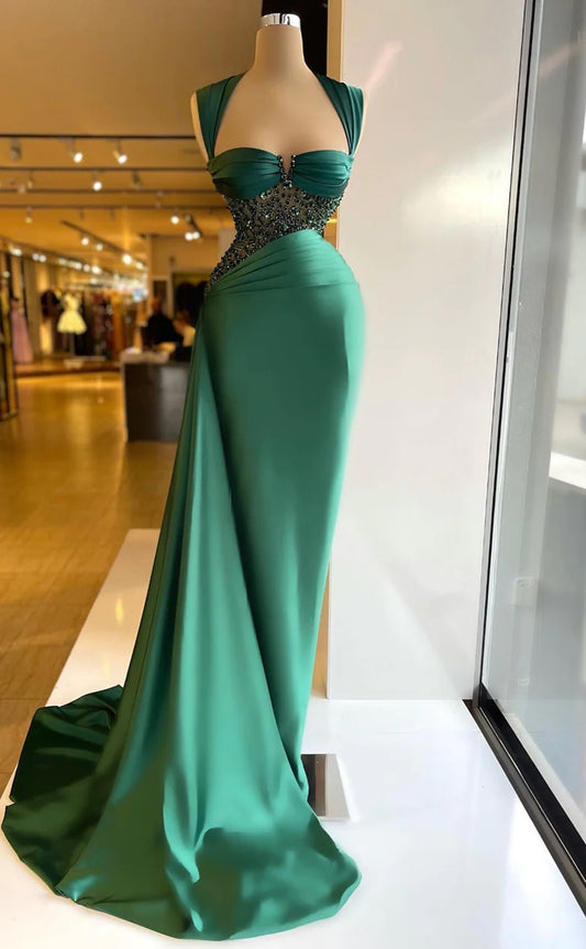 RP627-Elegant Green Mermaid Sweetheart Beads Sequins Ruched Cap Sleeves Long Prom Evening Dresses Formal Party Gowns