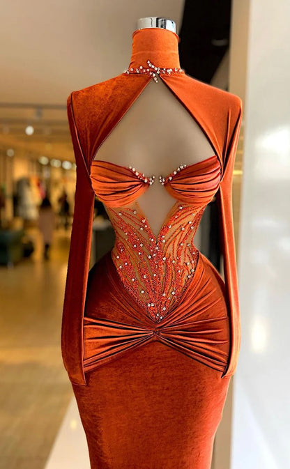 RP628-Gorgeous Orange Mermaid High Neck Crystals Ruched Beaded Long Sleeves Velvet Long Prom Evening Dresses Formal Party Gowns