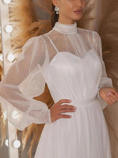 Elegant A-Line Wedding Dresses High Collar Illusion Long Sleeves Sweep Train Tulle Bridal Gowns Custom Made
