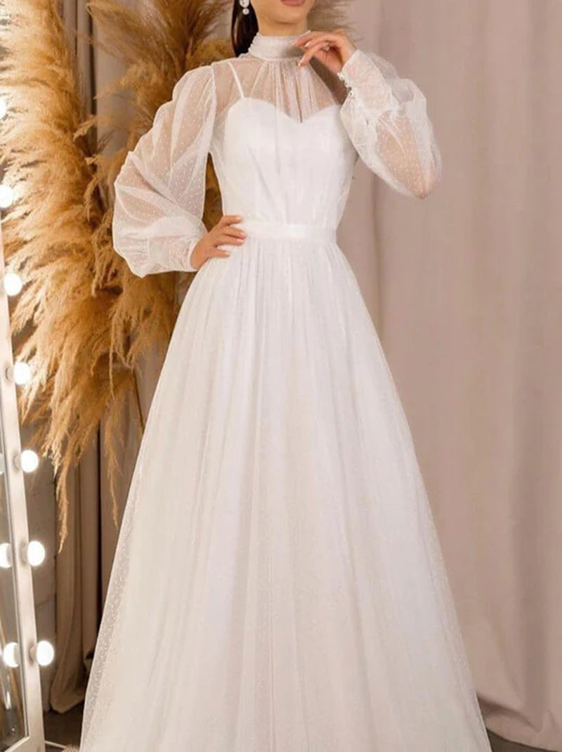 Elegant A-Line Wedding Dresses High Collar Illusion Long Sleeves Sweep Train Tulle Bridal Gowns Custom Made