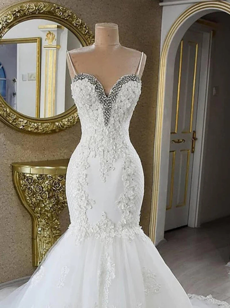 Romantic Mermaid Wedding Dresses Spaghetti Sleeveless Pearls Appliqued Court Train Tulle Bridal Gowns Custom Made