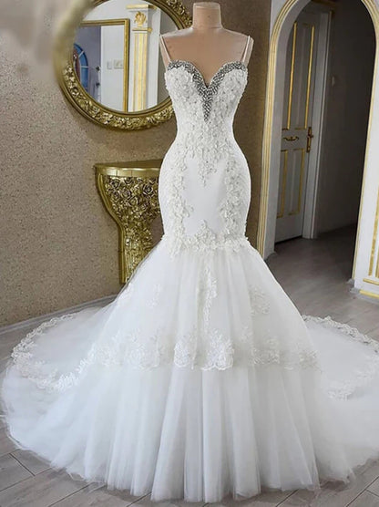 Romantic Mermaid Wedding Dresses Spaghetti Sleeveless Pearls Appliqued Court Train Tulle Bridal Gowns Custom Made