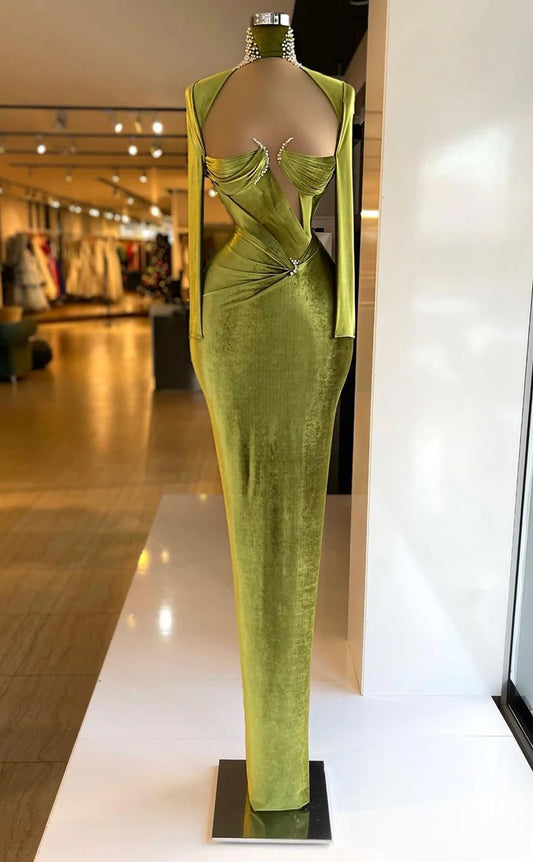 RP630-Gorgeous Green Mermaid High Neck Sequins Ruched Beaded Long Sleeves Velvet Long Prom Evening Dresses Formal Party Gowns