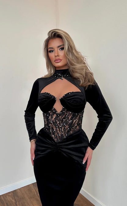 RP631-Gorgeous Black Mermaid High Neck Crystals Ruched Beaded Long Sleeves Velvet Long Prom Evening Dresses Formal Party Gowns