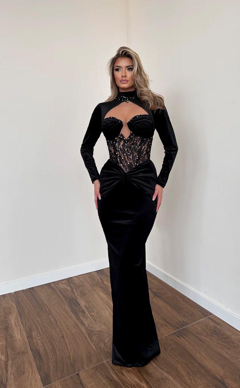 RP631-Gorgeous Black Mermaid High Neck Crystals Ruched Beaded Long Sleeves Velvet Long Prom Evening Dresses Formal Party Gowns