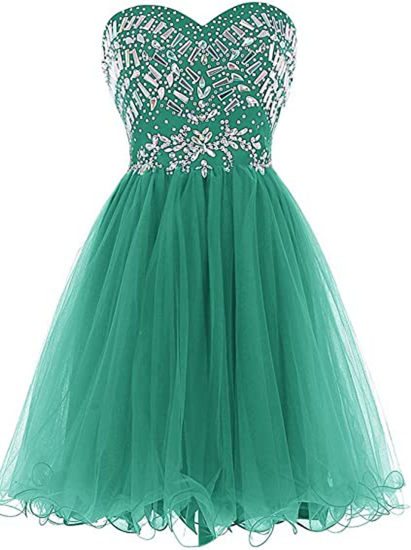 Cute A-Line Sweetheart Beaded Crystals Sleeveless Zipper Back For Women's Short Tulle Dresses Cocktail Party Gown Homecoming Graduation Dress Custom