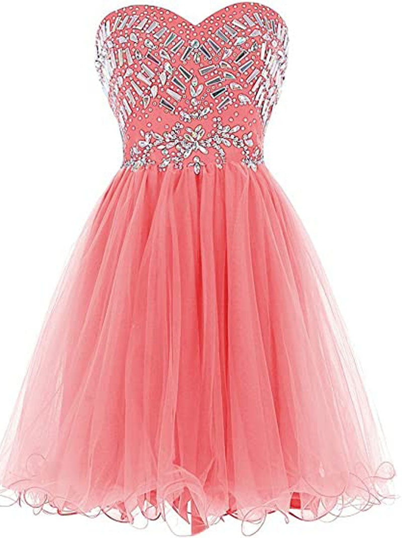 Cute A-Line Sweetheart Beaded Crystals Sleeveless Zipper Back For Women's Short Tulle Dresses Cocktail Party Gown Homecoming Graduation Dress Custom