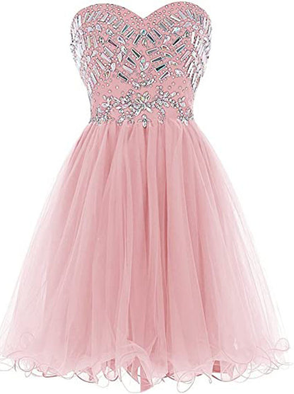 Cute A-Line Sweetheart Beaded Crystals Sleeveless Zipper Back For Women's Short Tulle Dresses Cocktail Party Gown Homecoming Graduation Dress Custom