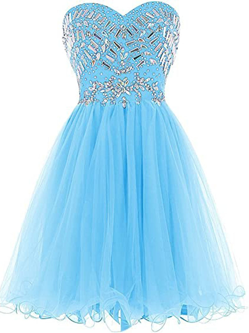 Cute A-Line Sweetheart Beaded Crystals Sleeveless Zipper Back For Women's Short Tulle Dresses Cocktail Party Gown Homecoming Graduation Dress Custom