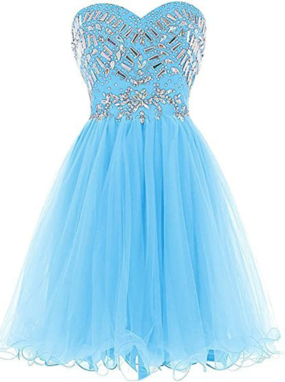 Cute A-Line Sweetheart Beaded Crystals Sleeveless Zipper Back For Women's Short Tulle Dresses Cocktail Party Gown Homecoming Graduation Dress Custom