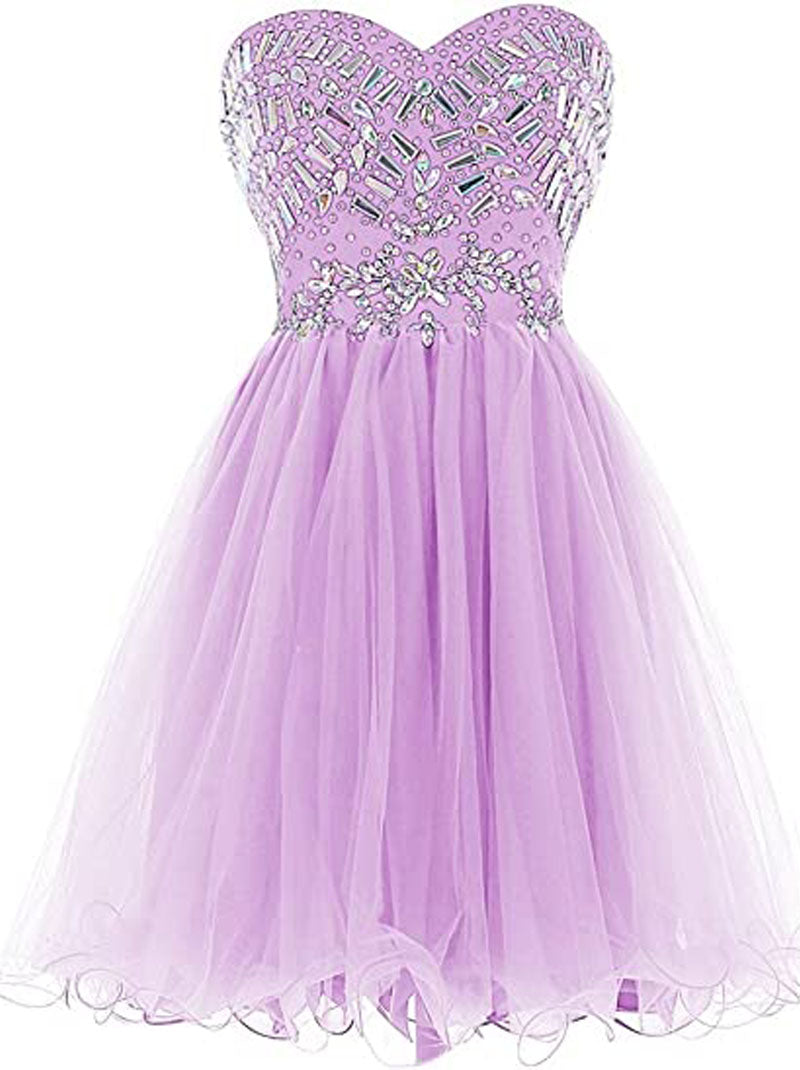 Cute A-Line Sweetheart Beaded Crystals Sleeveless Zipper Back For Women's Short Tulle Dresses Cocktail Party Gown Homecoming Graduation Dress Custom