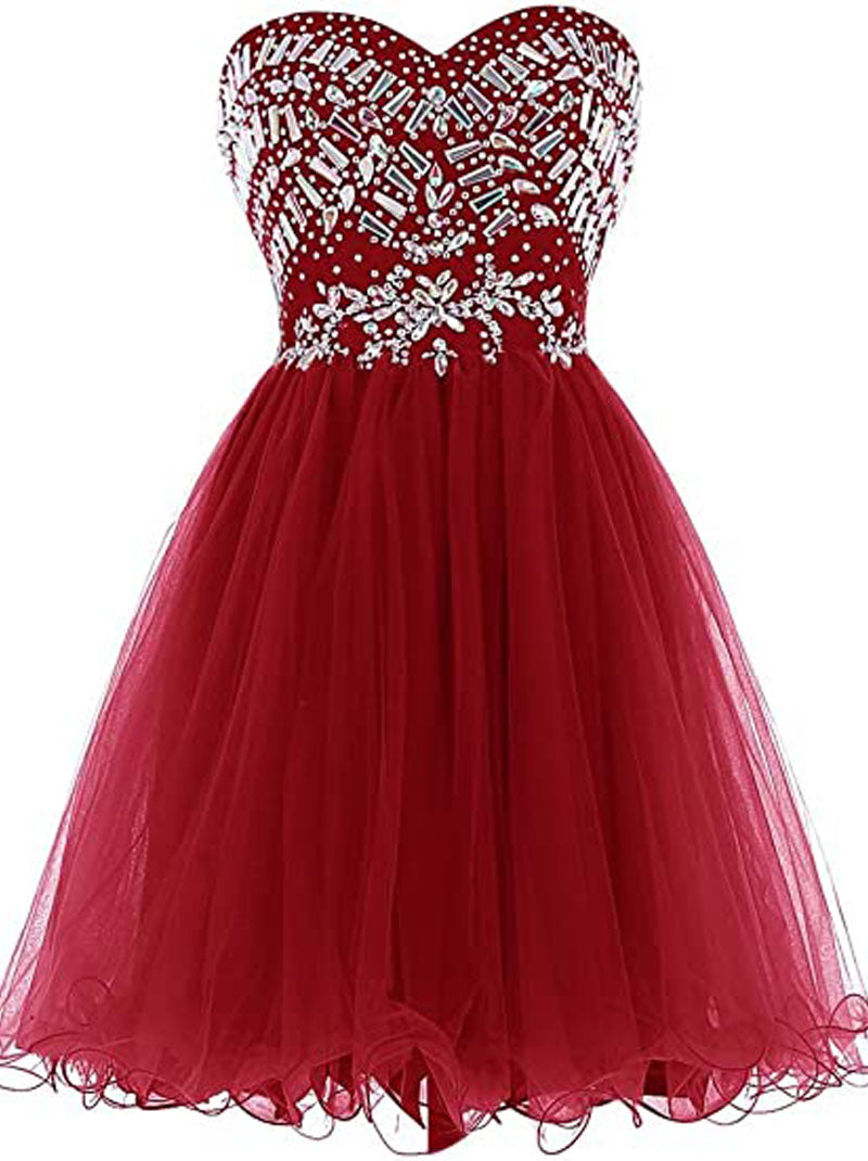 Cute A-Line Sweetheart Beaded Crystals Sleeveless Zipper Back For Women's Short Tulle Dresses Cocktail Party Gown Homecoming Graduation Dress Custom