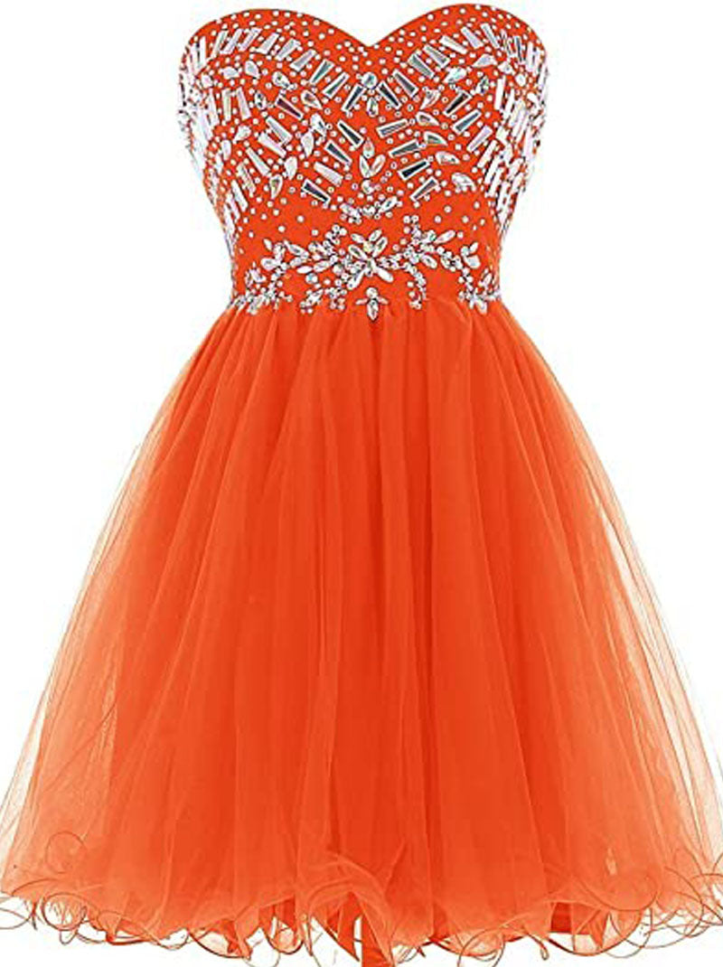 Cute A-Line Sweetheart Beaded Crystals Sleeveless Zipper Back For Women's Short Tulle Dresses Cocktail Party Gown Homecoming Graduation Dress Custom